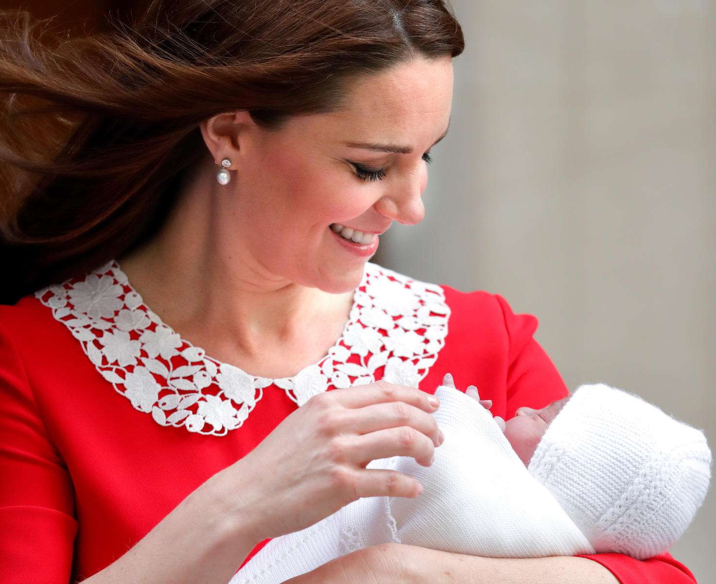 Kate Middleton Pearl Earrings Red Dress Third Child Newborn Son