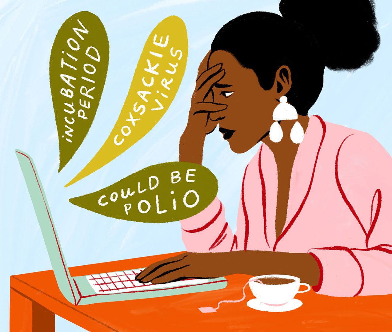 lady stressed looking at computer with tea