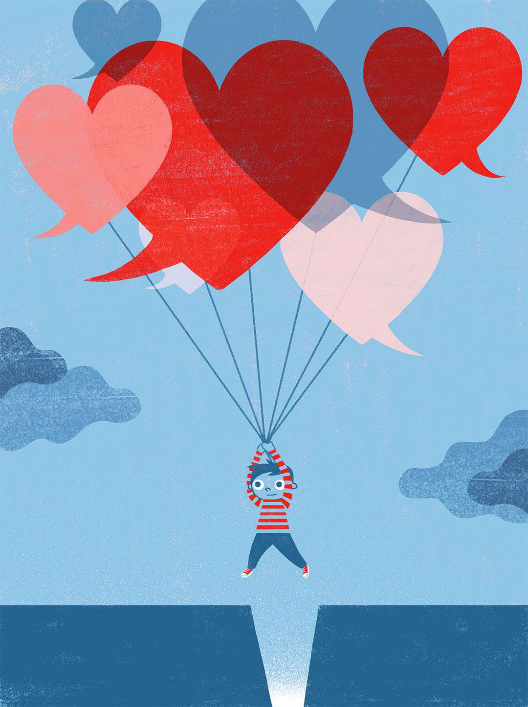 illustration of a boy floating and holding onto heart-shaped balloons