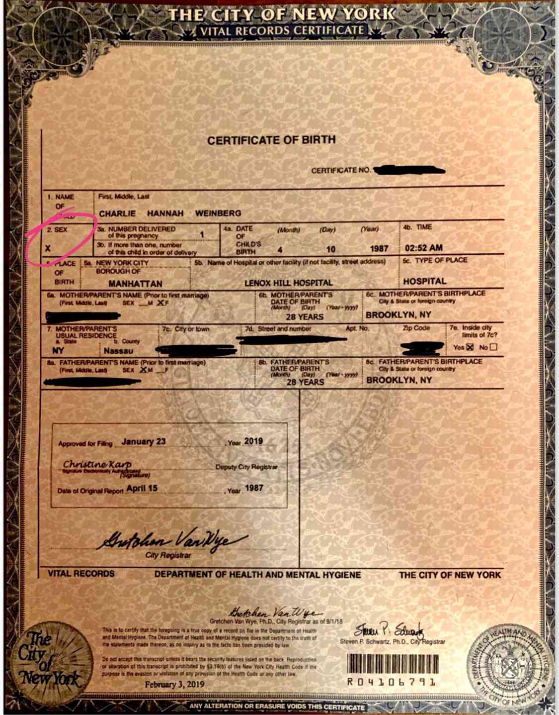 Charlie Arrowood Birth Certificate