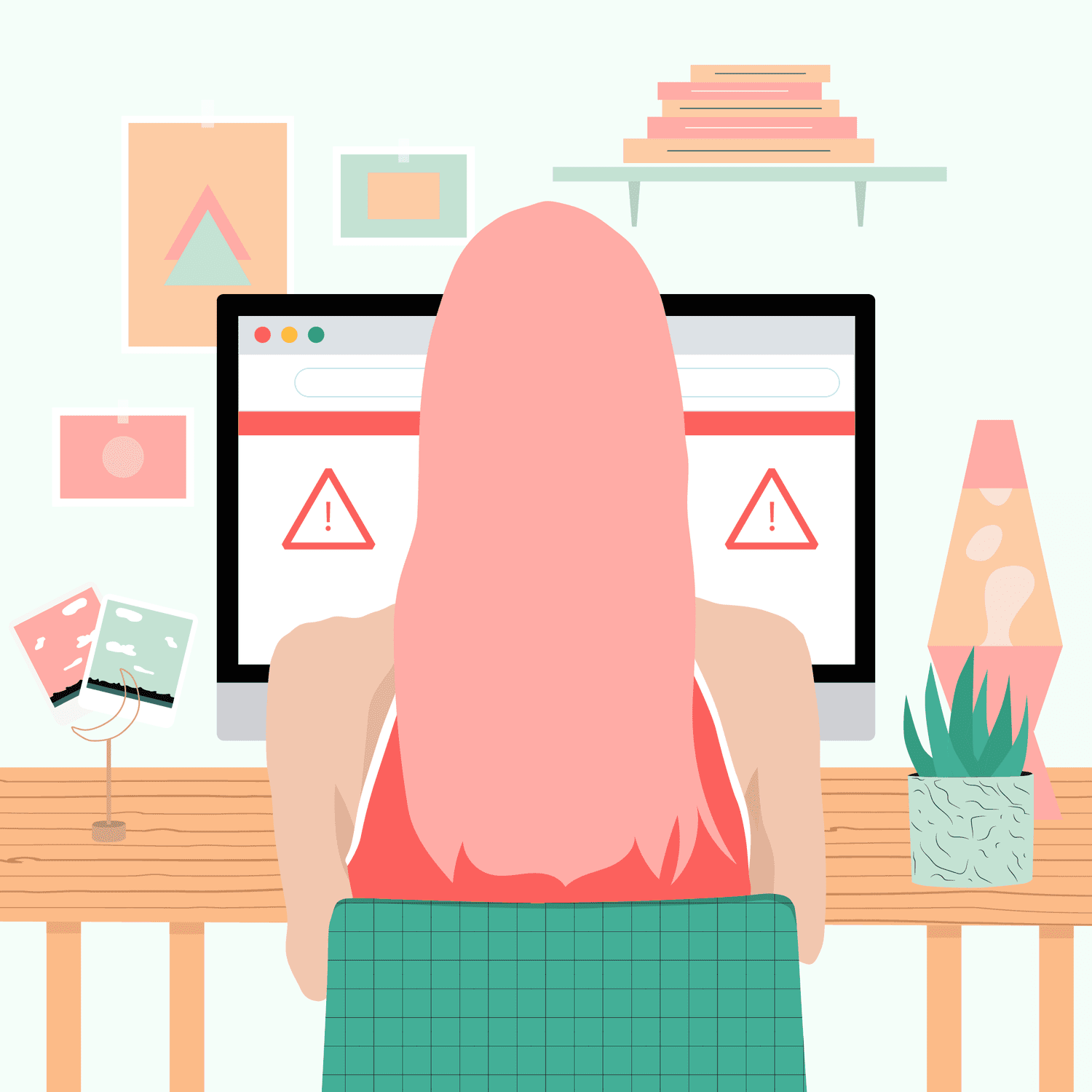 Woman practicing internet safety at computer illustration