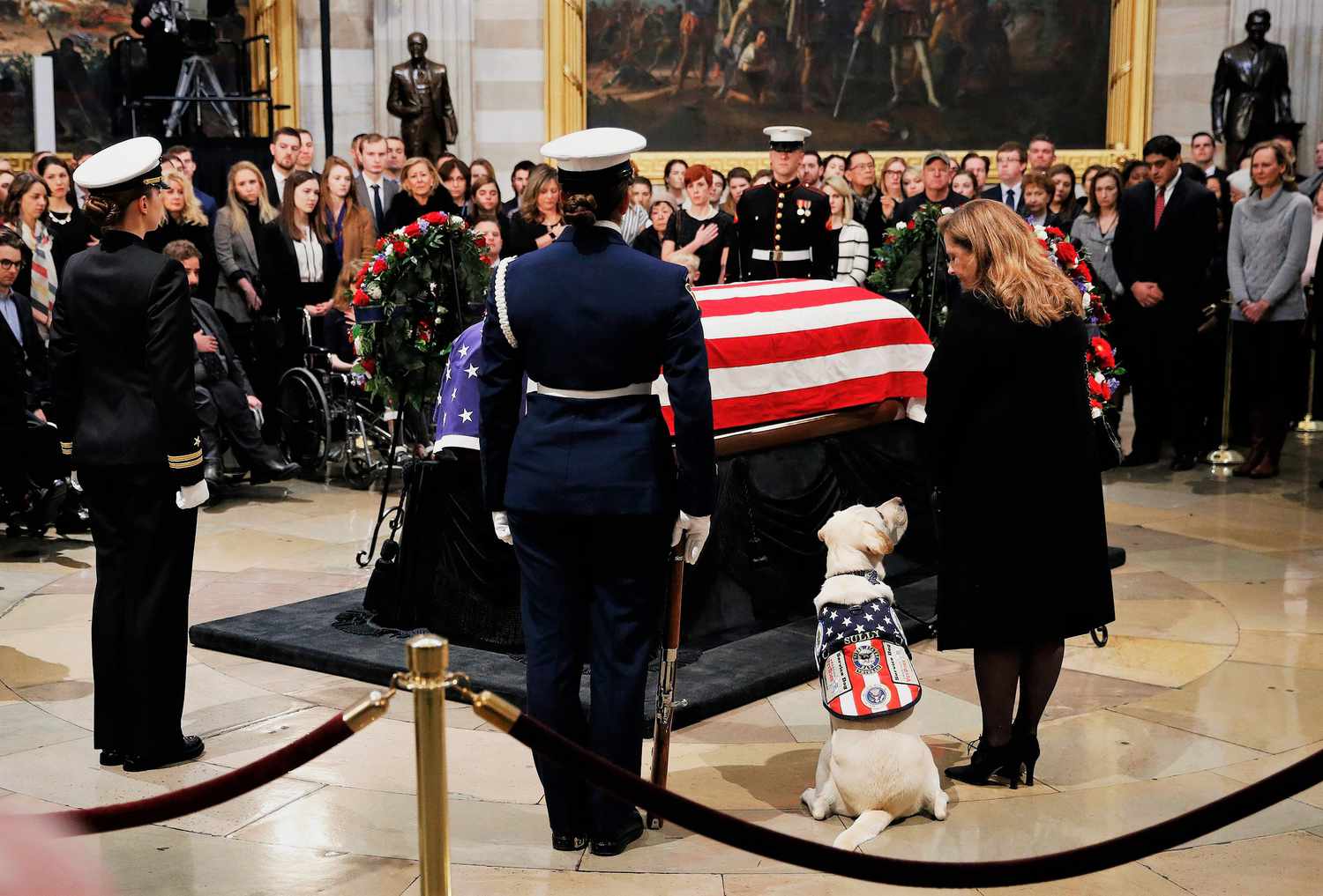 Sully the service dog sits next to George H. W. Bush's casket