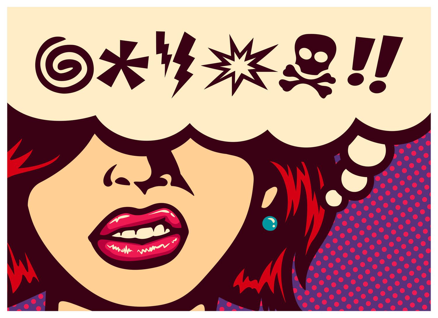 Pop art style comics panel angry woman with speech bubble and swear words symbols