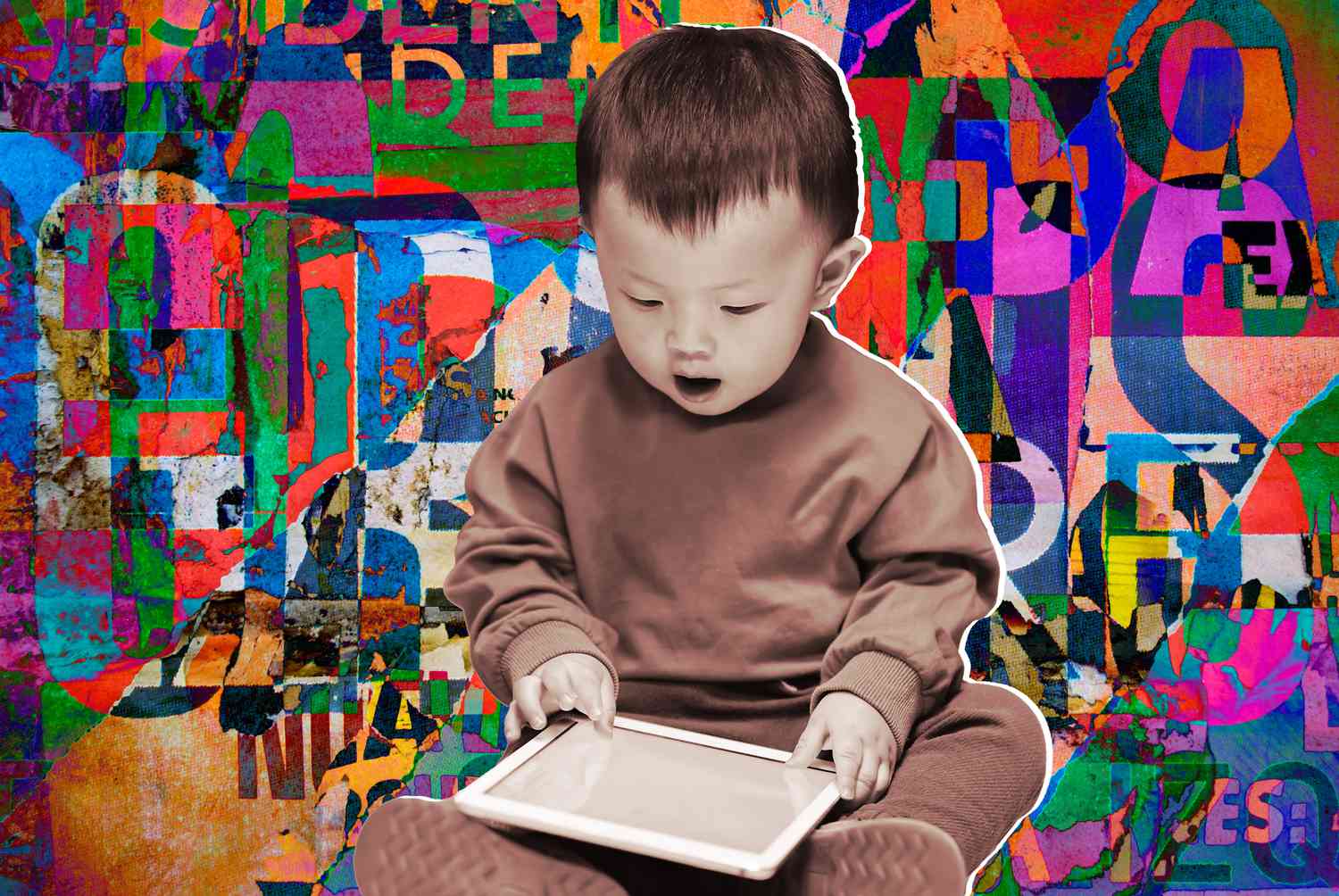 toddler with tablet sitting in front of jumble of letters