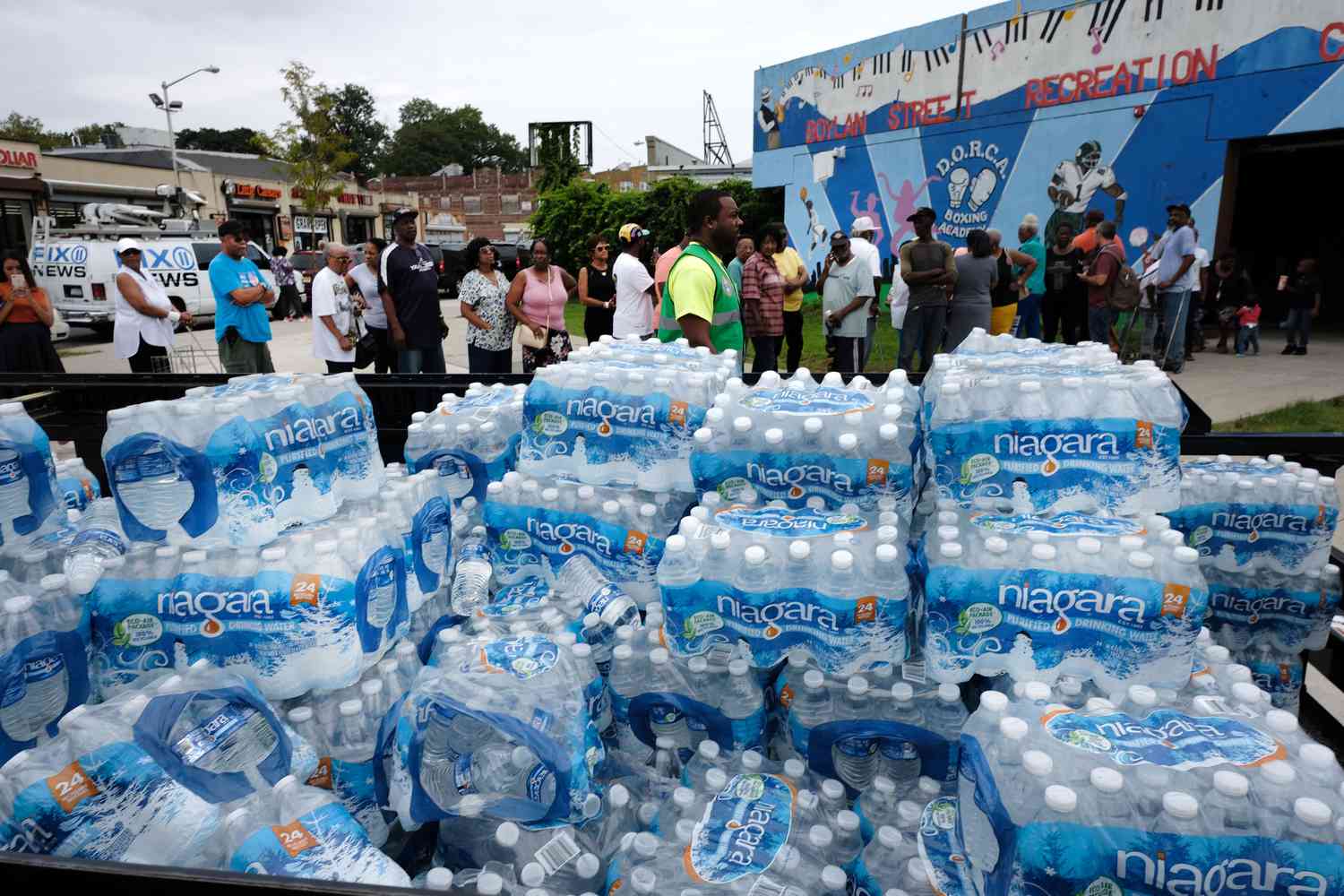 A pallet of bottled water is delivered to a recreation center on August 13, 2019 in Newark, New Jersey. Residents of Newark, the largest city in New Jersey, are to receive free water after lead was found in the tap water. It was reported over the weekend that lead levels in some areas of the city were still not safe and the city has begun distributing bottled water for cooking and drinking.
