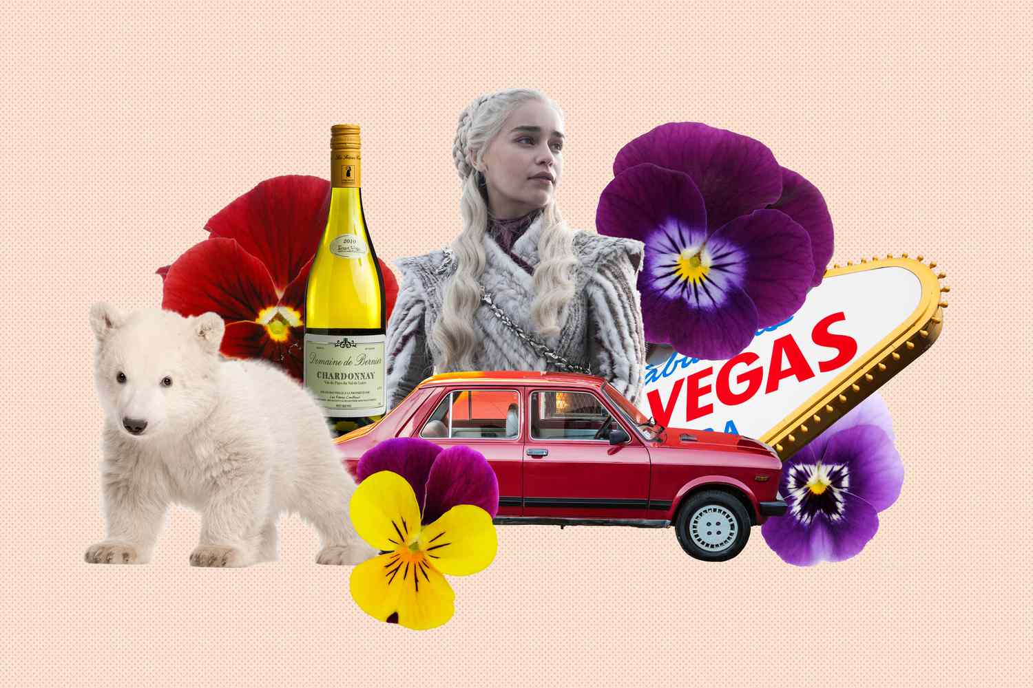 Khaleesi, Yugo, Vegas sign, Pansies, Chardonnay, bear cub in illustration