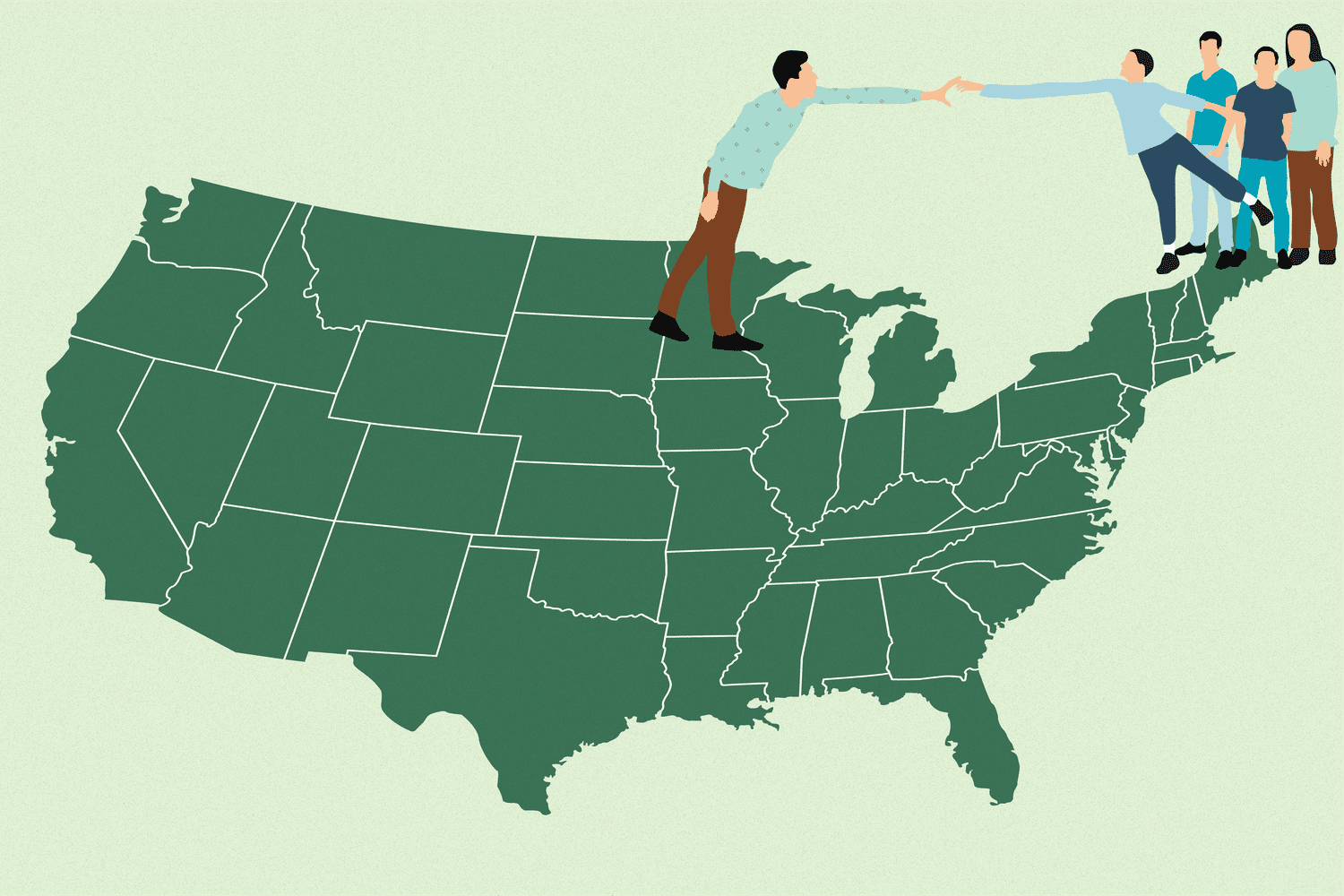 family members reaching across map of the US to hold hands