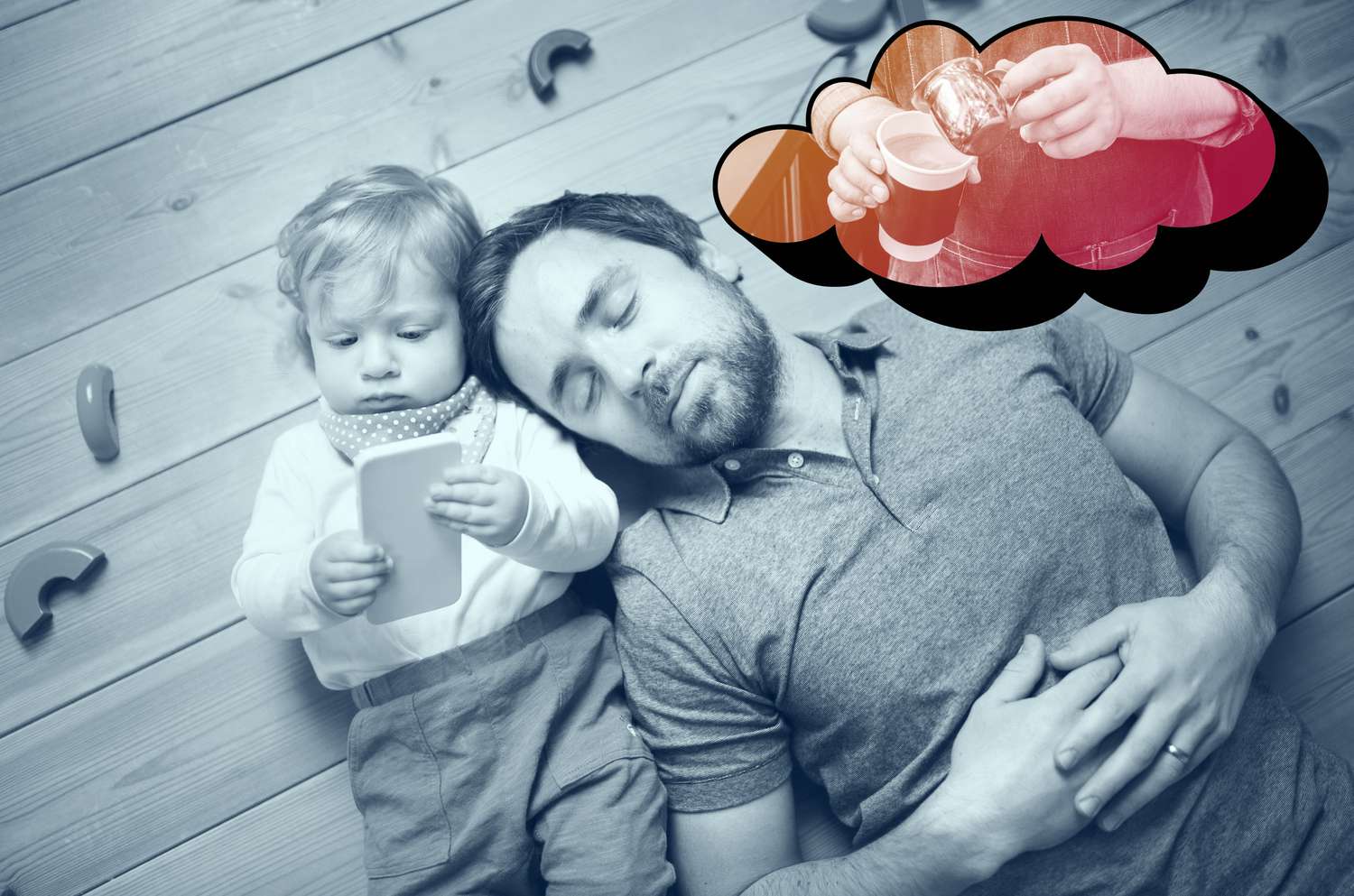 parent who has fallen asleep next to toddler and is dreaming of coffee