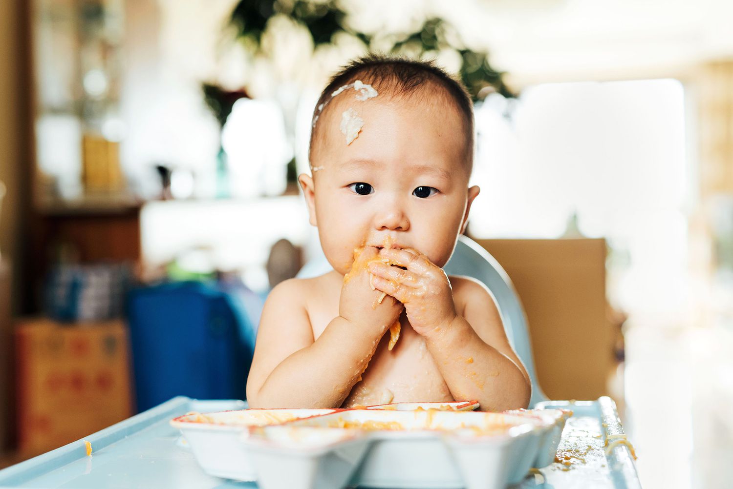 Adorable Kid Eating At Home In High Chair