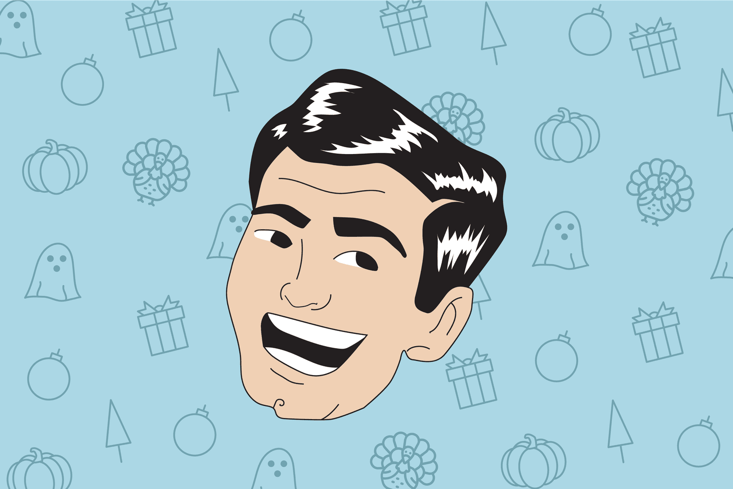 caricature of laughing dad on top of holiday icons