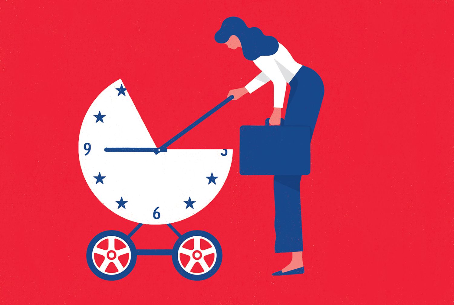 working mom says goodbye to her baby, who is in a stroller with a clock on it. the illustration is in red, white and blue