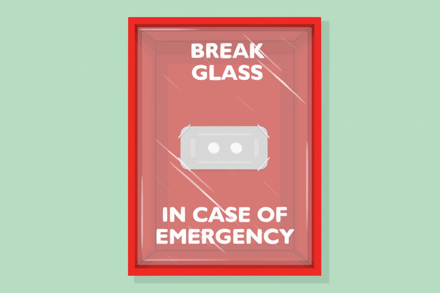 "Break Glass In Case of Emergency" box with pills inside