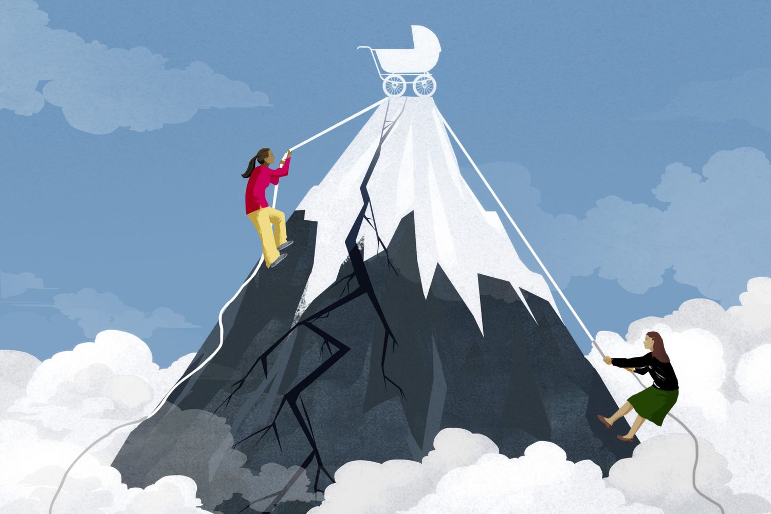 illustration of two women, both trying to climb a mountain peak (that is cracking) trying to reach a baby carriage