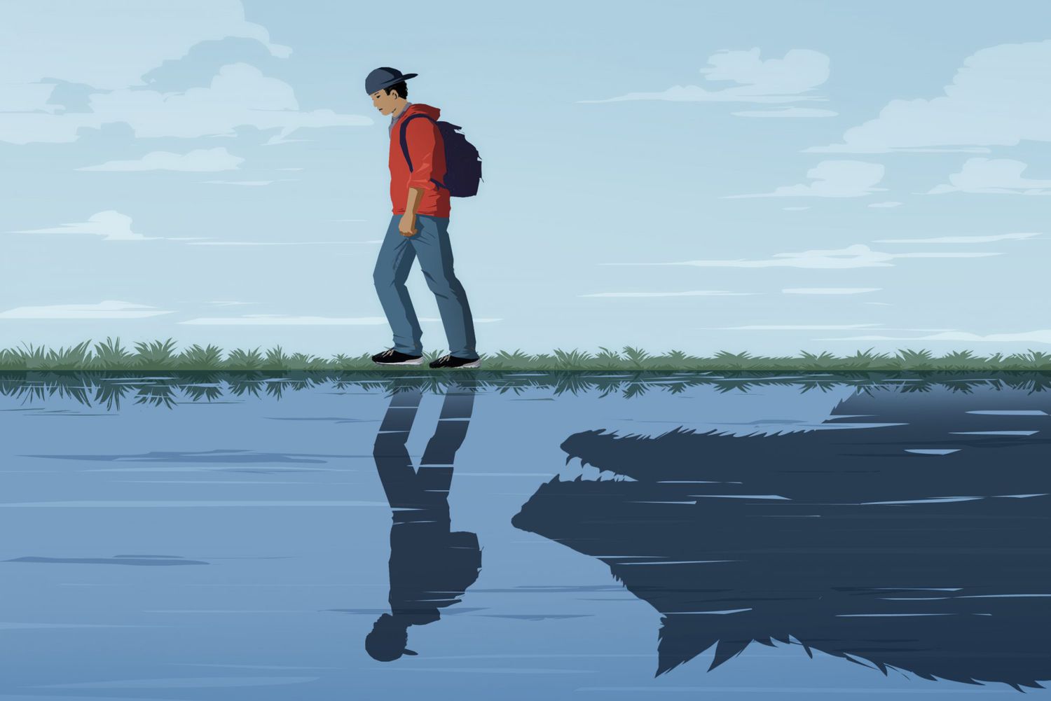 illustration of teen walking by a lake. the reflection in the lake reveals a wolf that is following him