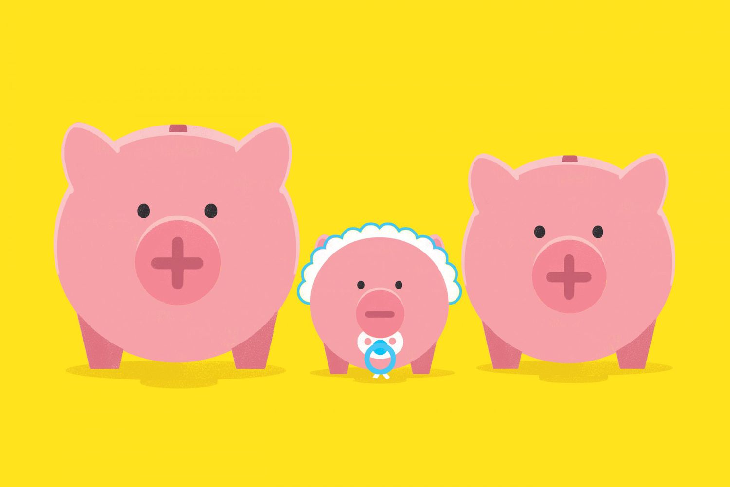 illustration of three piggy banks, one which is dressed up in a bonnet and pacifier to look like a newborn