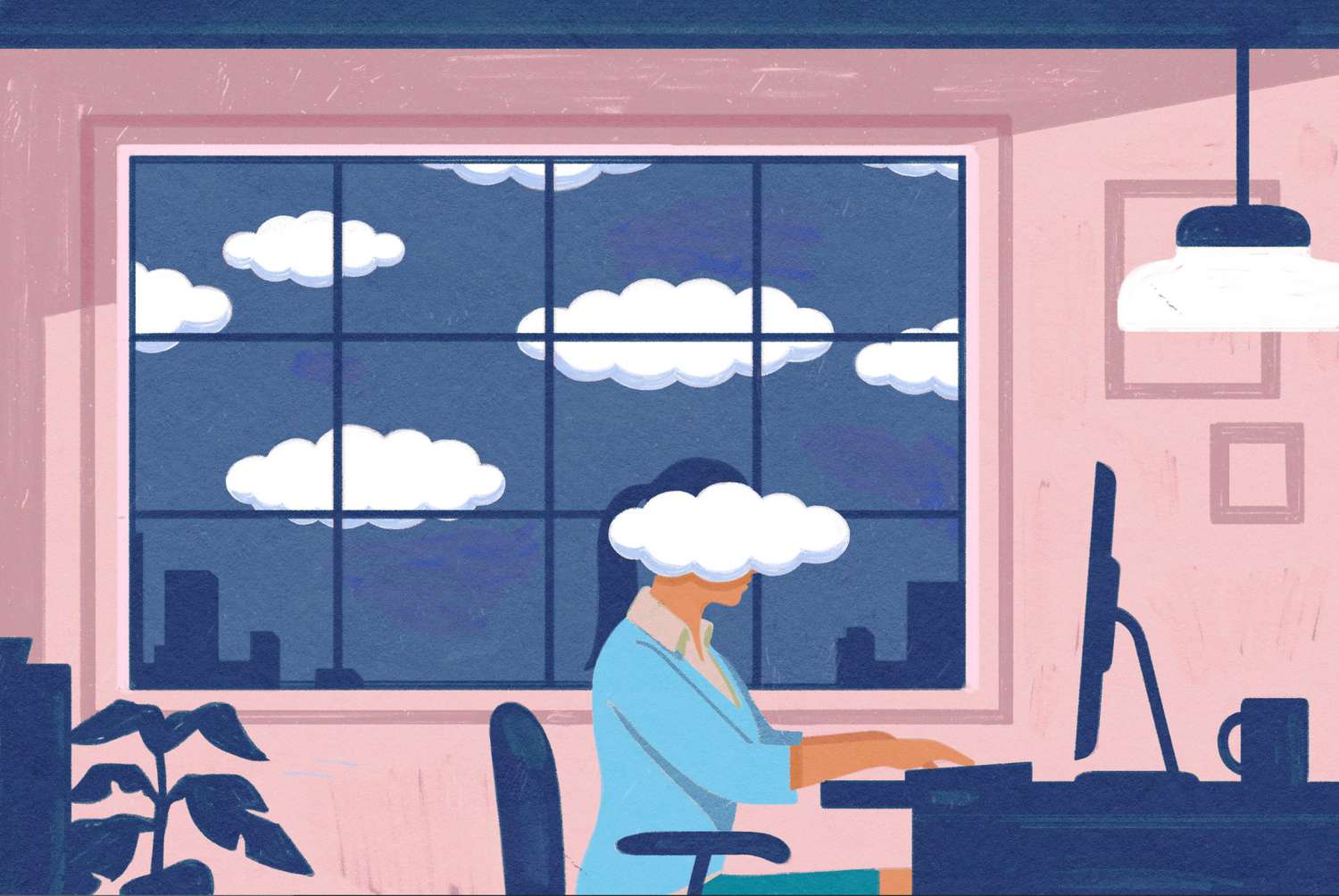illustration of mother sitting at desk in front of window with clouds outside. one of the clouds overlaps her head.