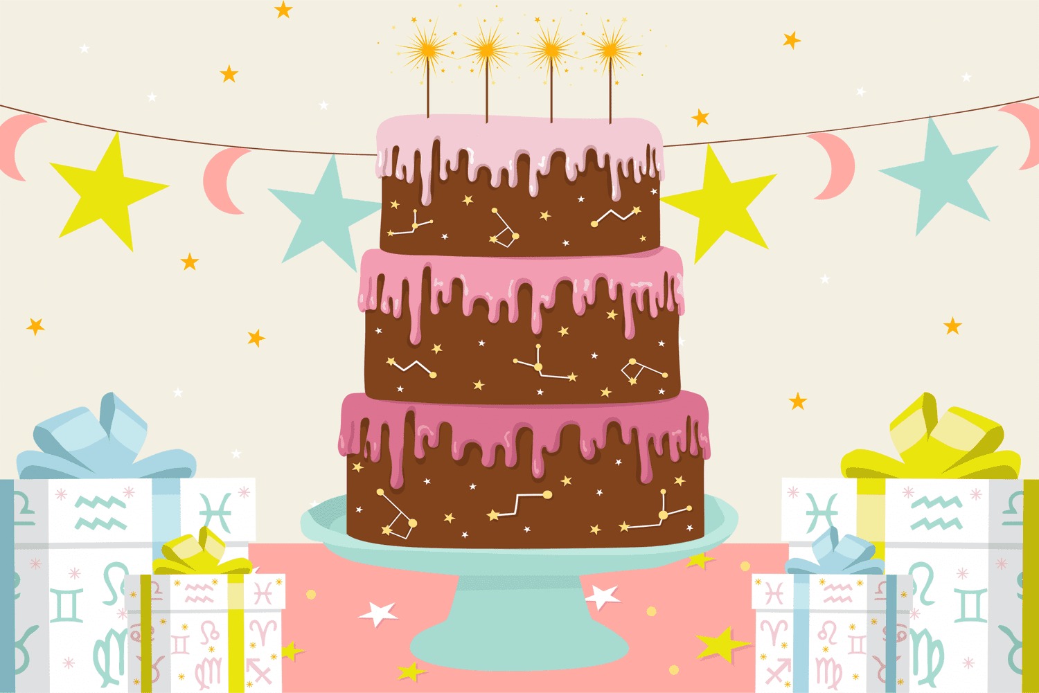 illustration of cake and presents with astrology symbols