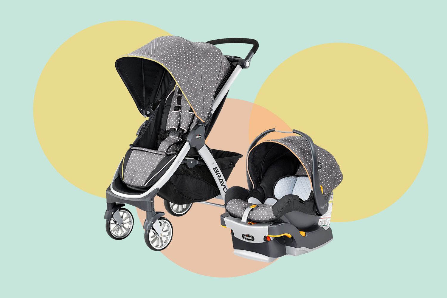 chicco bravo trio travel system on colored background
