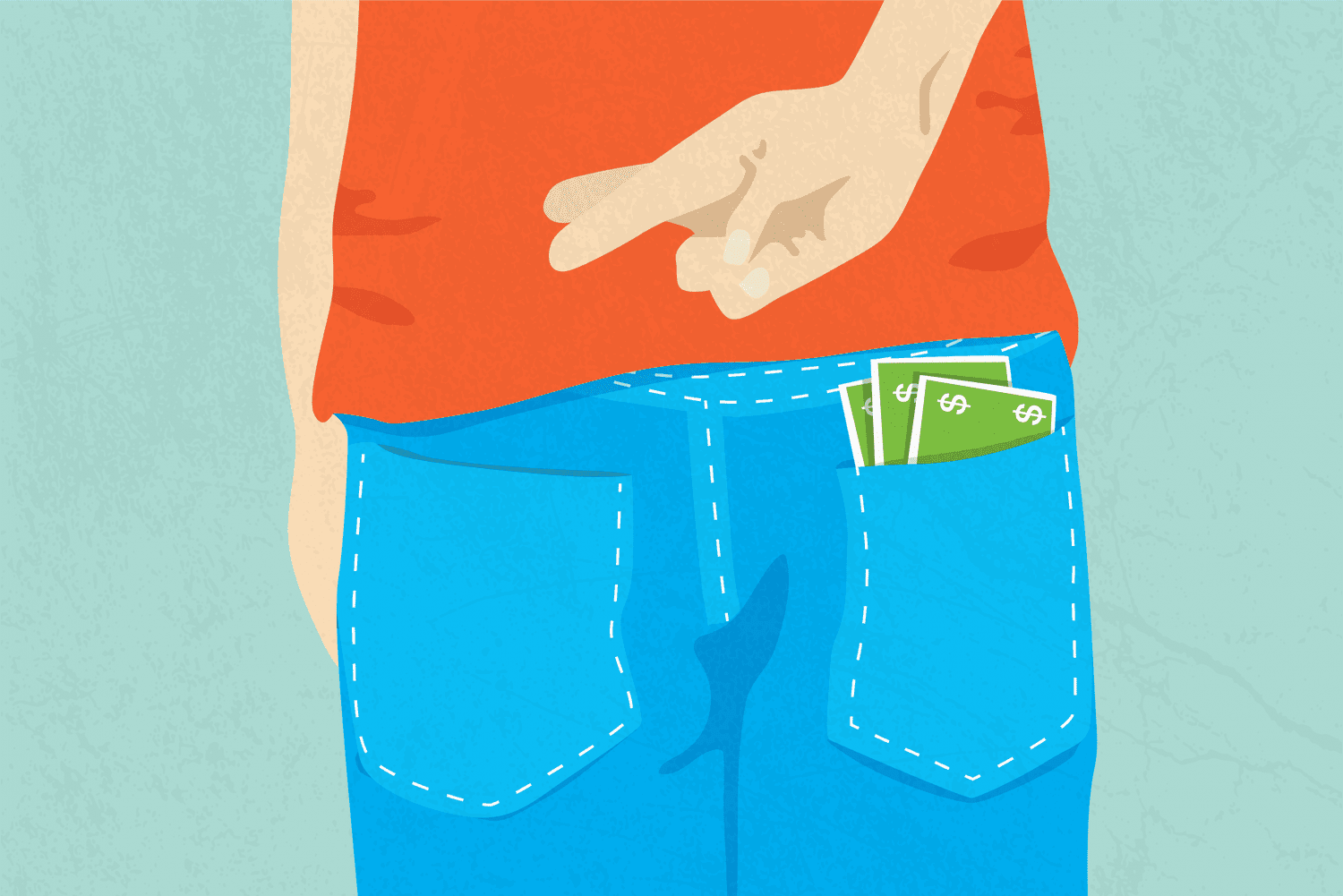 illustration of child with fingers crossed behind back and money sticking out of pocket