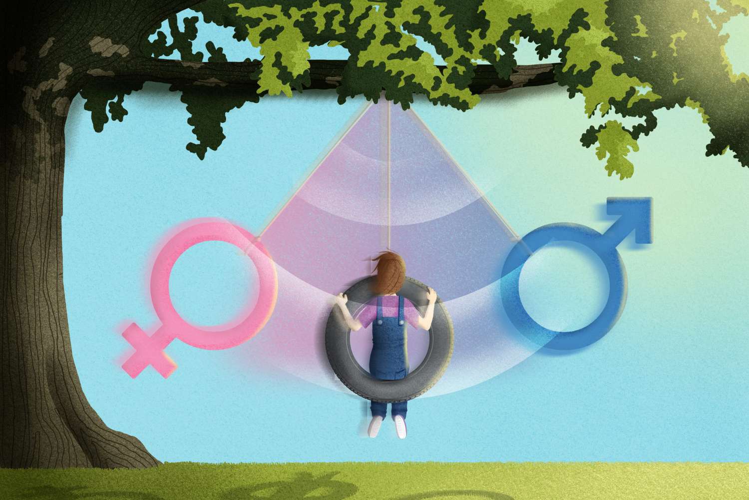 illustration of girl on tire swing that swings from female gender symbol to male