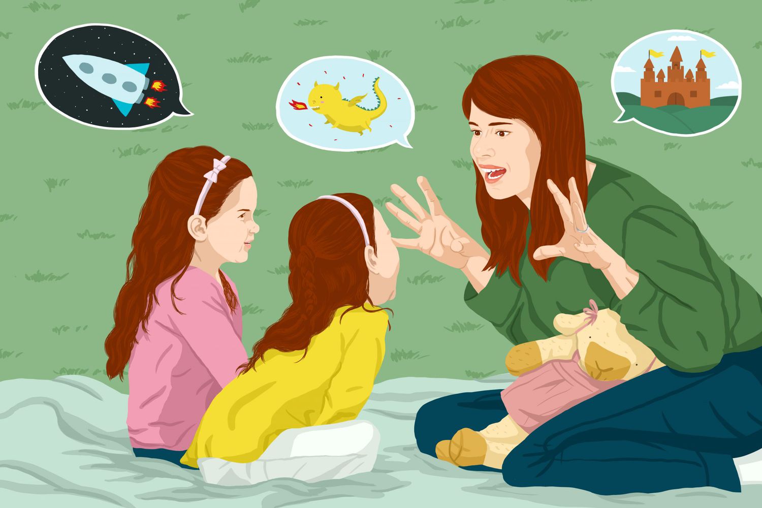 illustration of mother telling story to her kids, speech bubbles have pictures of castles, dragon rocket ship