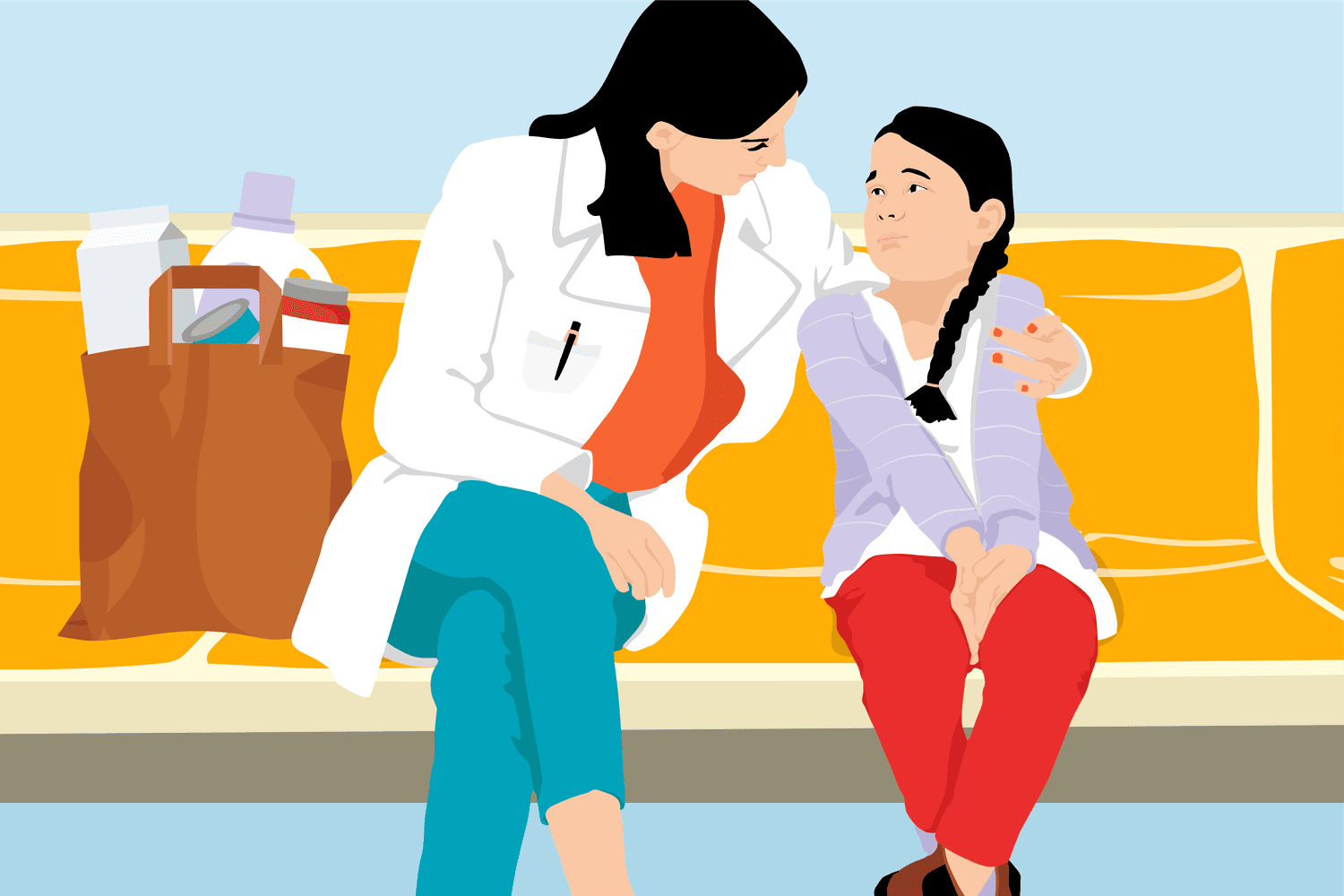 illustration of doctor mom and girl on subway