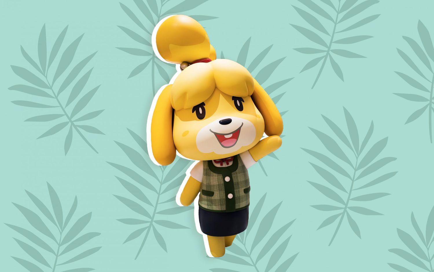 Nintendo game character Isabelle from Animal Crossing on a patterned background