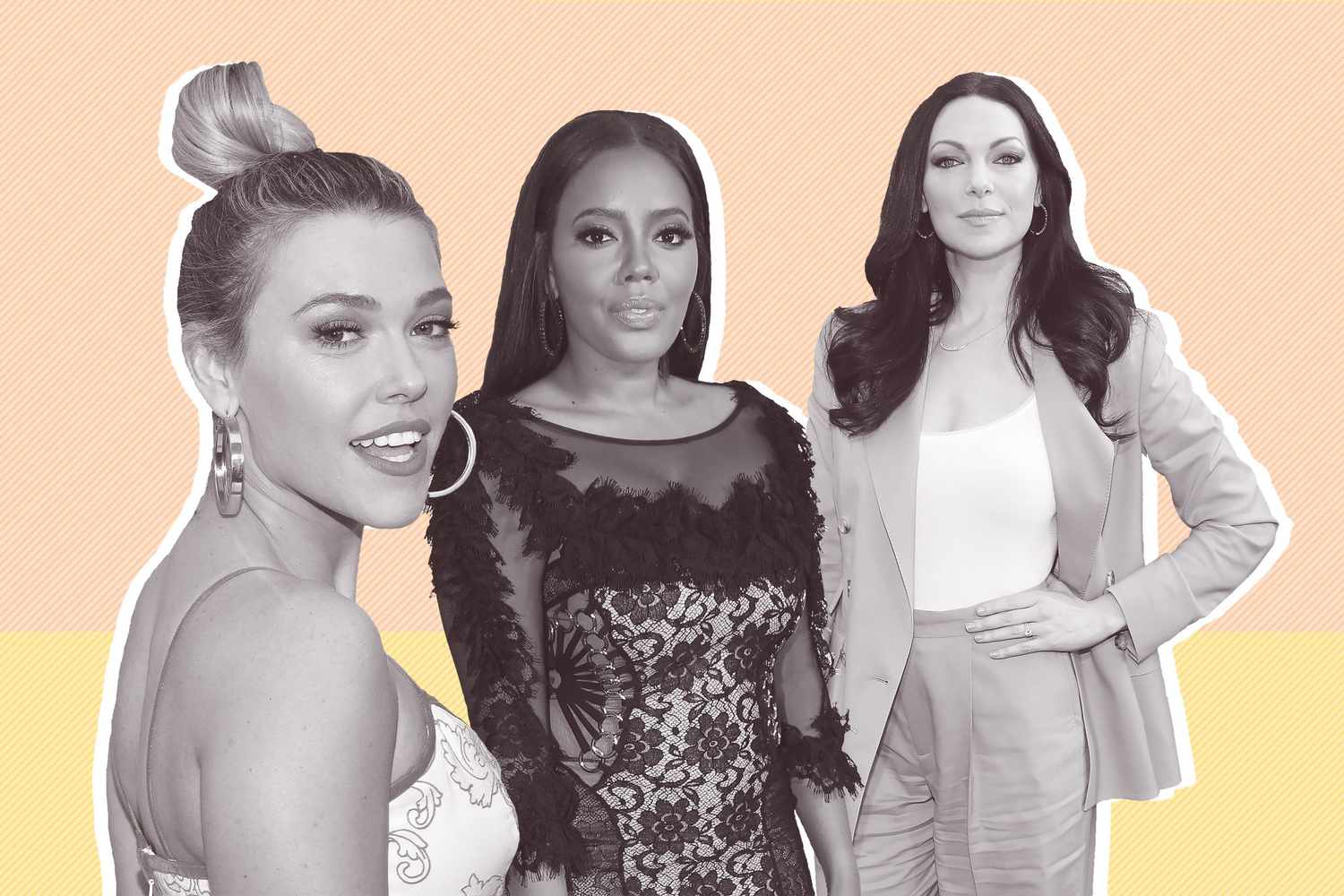 Rachel Platten, Angela Simmons, and Laura Prepon on a patterned background