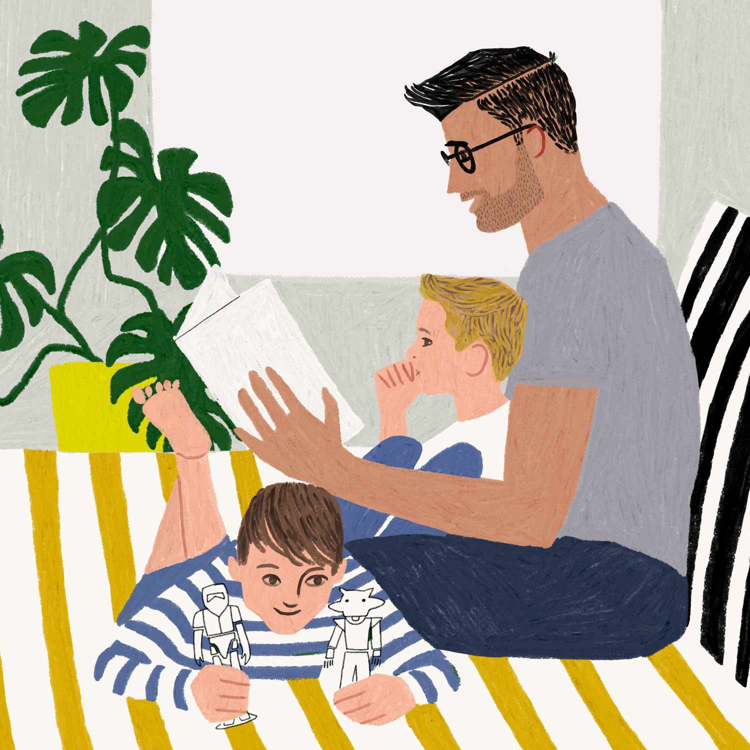 illustration of dad reading to sons