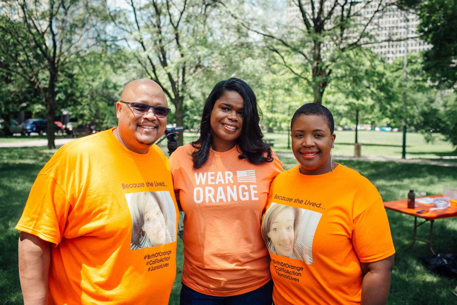 People wear orange in Chicago in 2017.