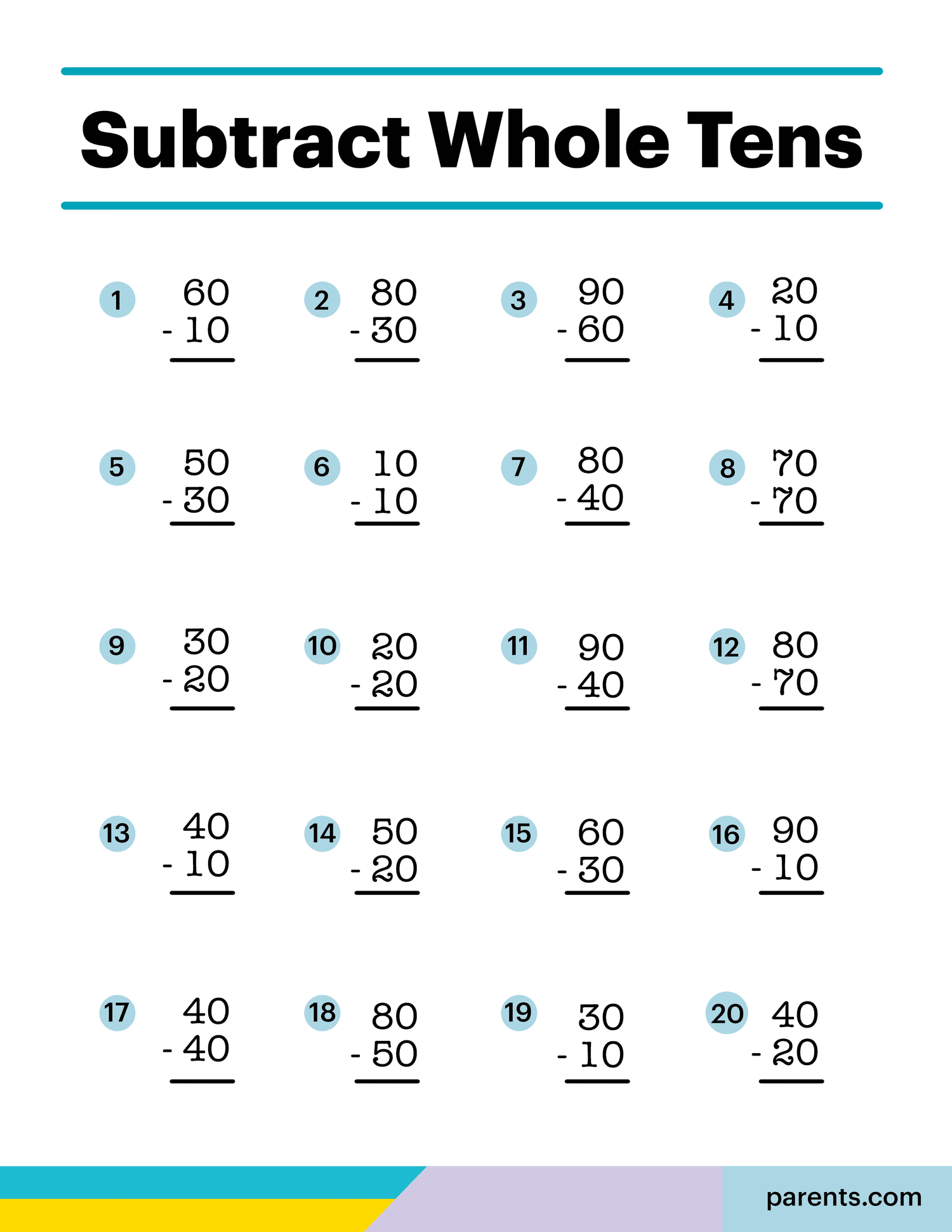 Subtract Whole Tens Worksheet
