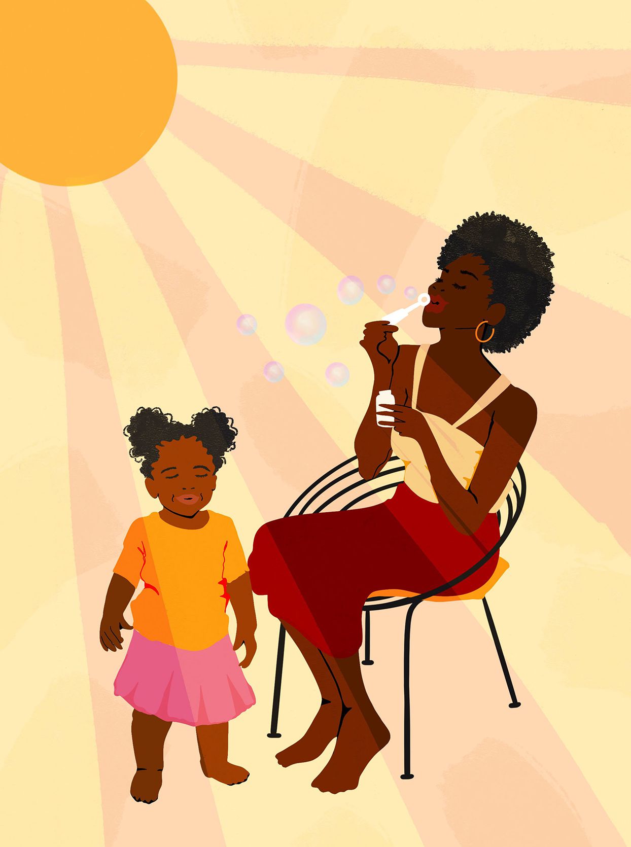 Illustration of woman blowing bubbles for child