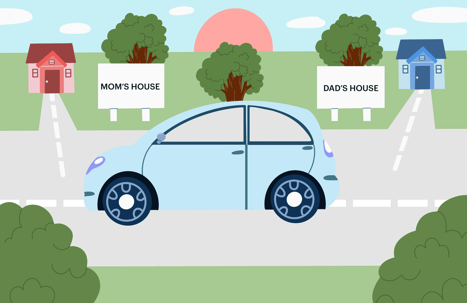 Illustration of a car driving from dad's house to mom's house