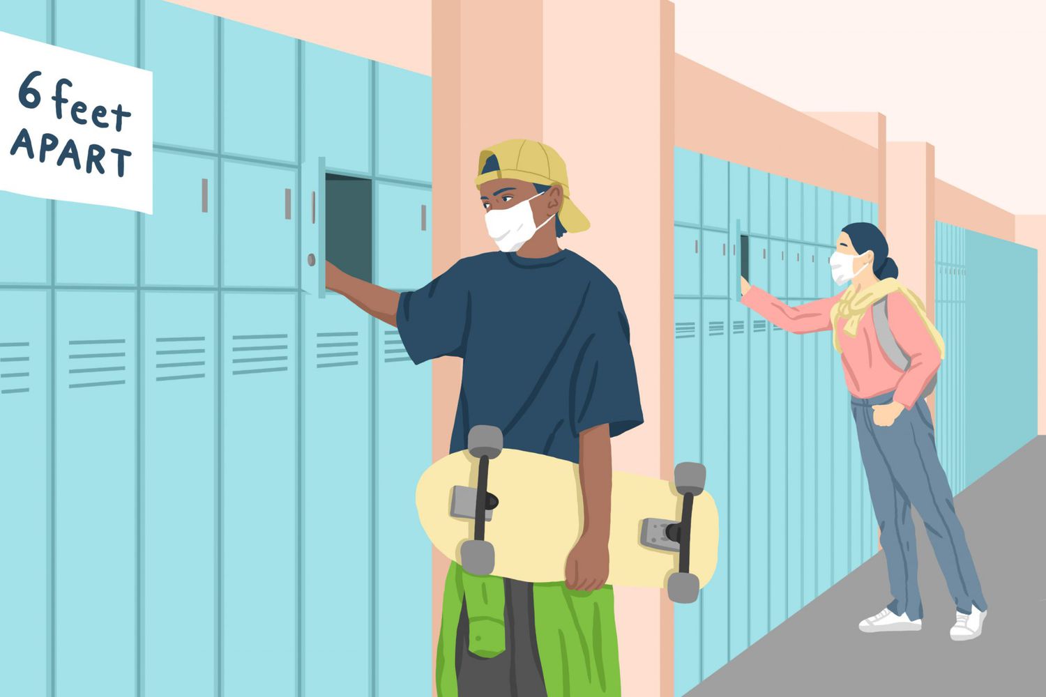 Illustration of teens at locker wearing masks