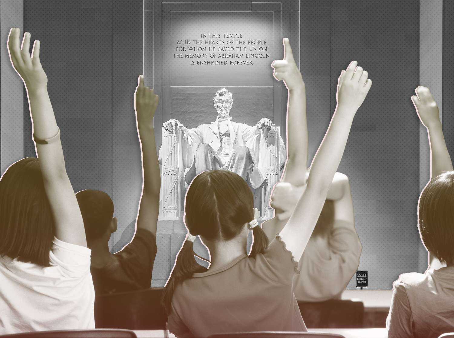 Rear view of class raising hands with statue of Abraham Lincoln in background