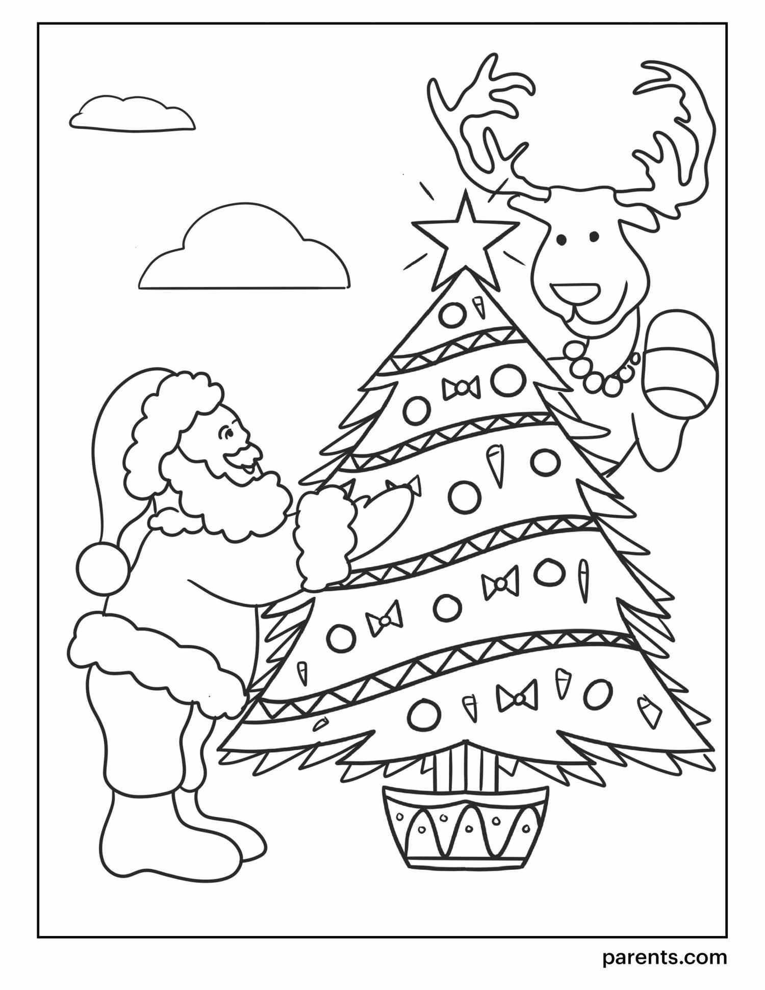 Santa and Reindeer Christmas Tree Coloring Page