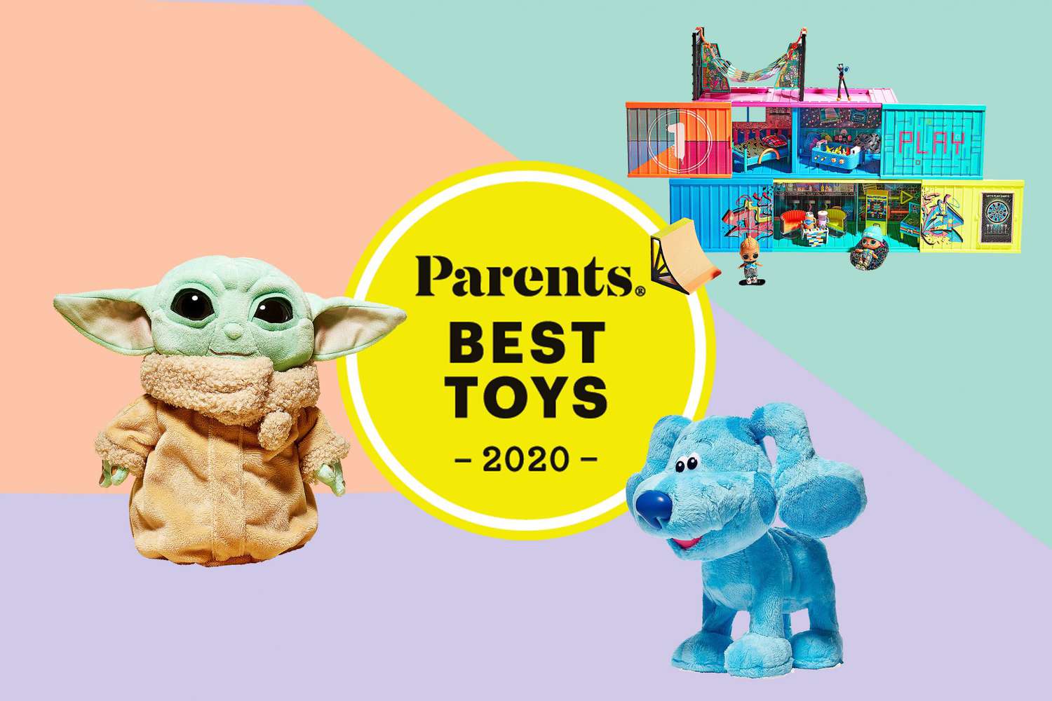 Parents Best Toys 2020 seal with stuffed blues clues plush, stuffed baby yoda plush, and LOL dolls toy set