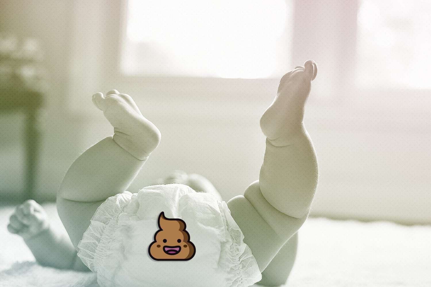 baby in diaper laying on floor with feet in air, poop emoji overlay diaper