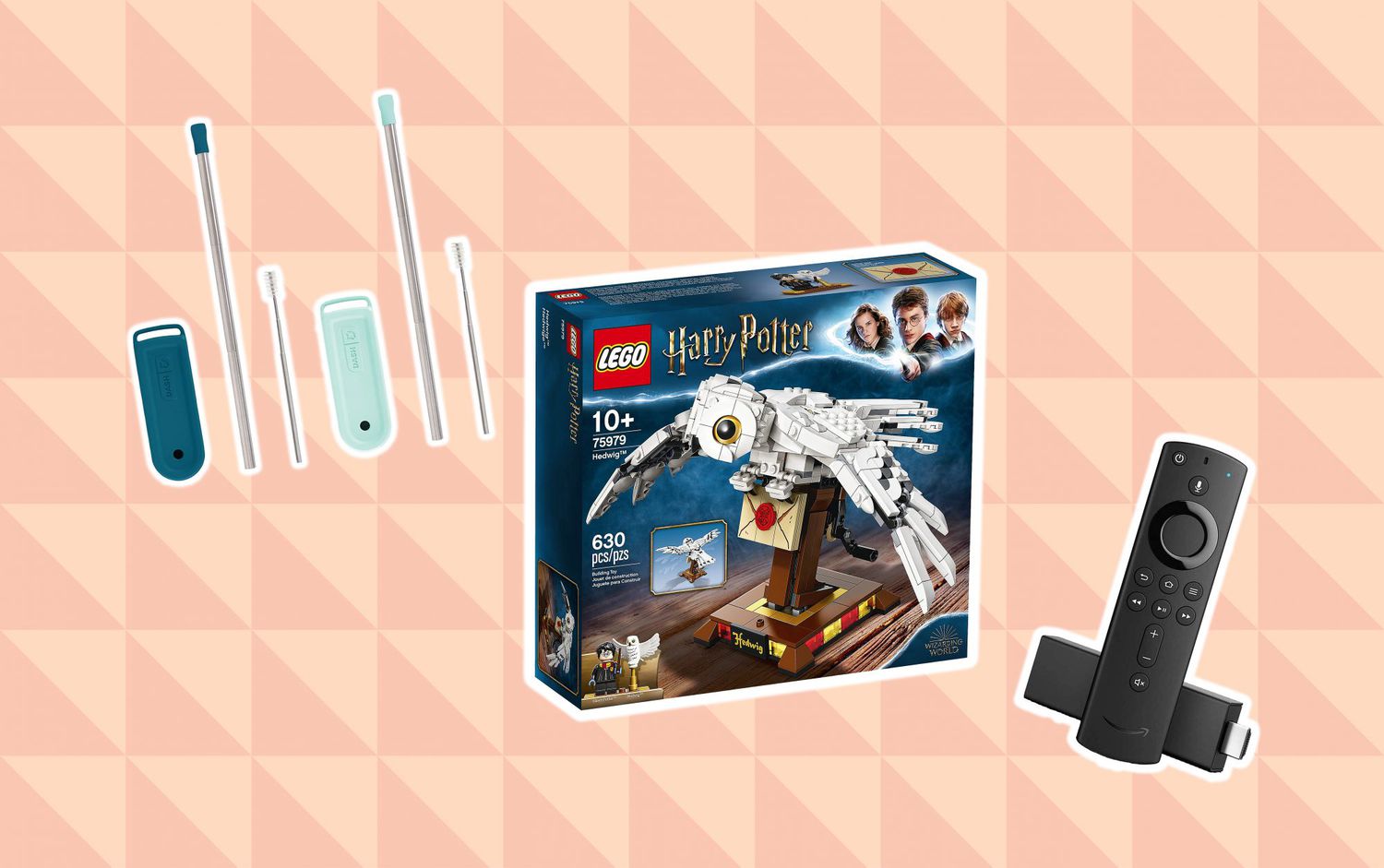 reusable metal straws, harry potter owl lego set, amazon fire tv stick on a colored background