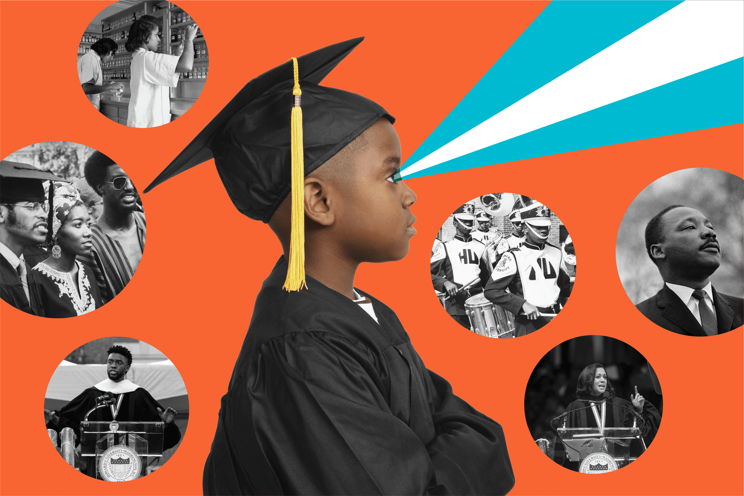 An illustration of a little boy graduating from a HBCU with historical figures and historical images surrounding him.
