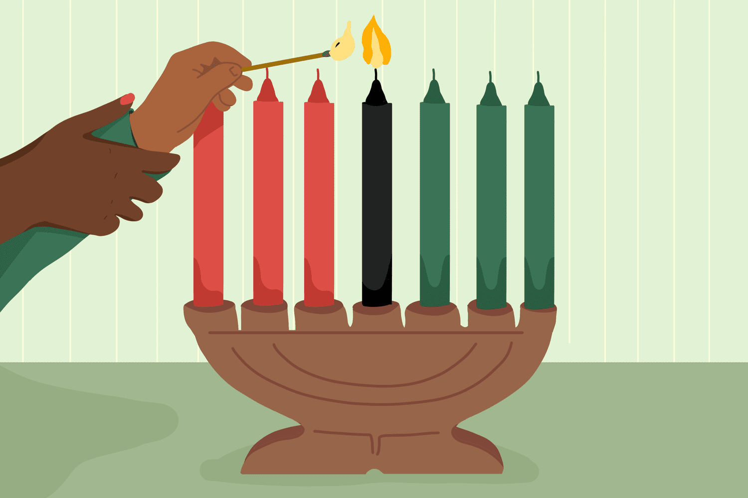 An illustration of a Kinara being lit for Kwanzaa by a parent and child.