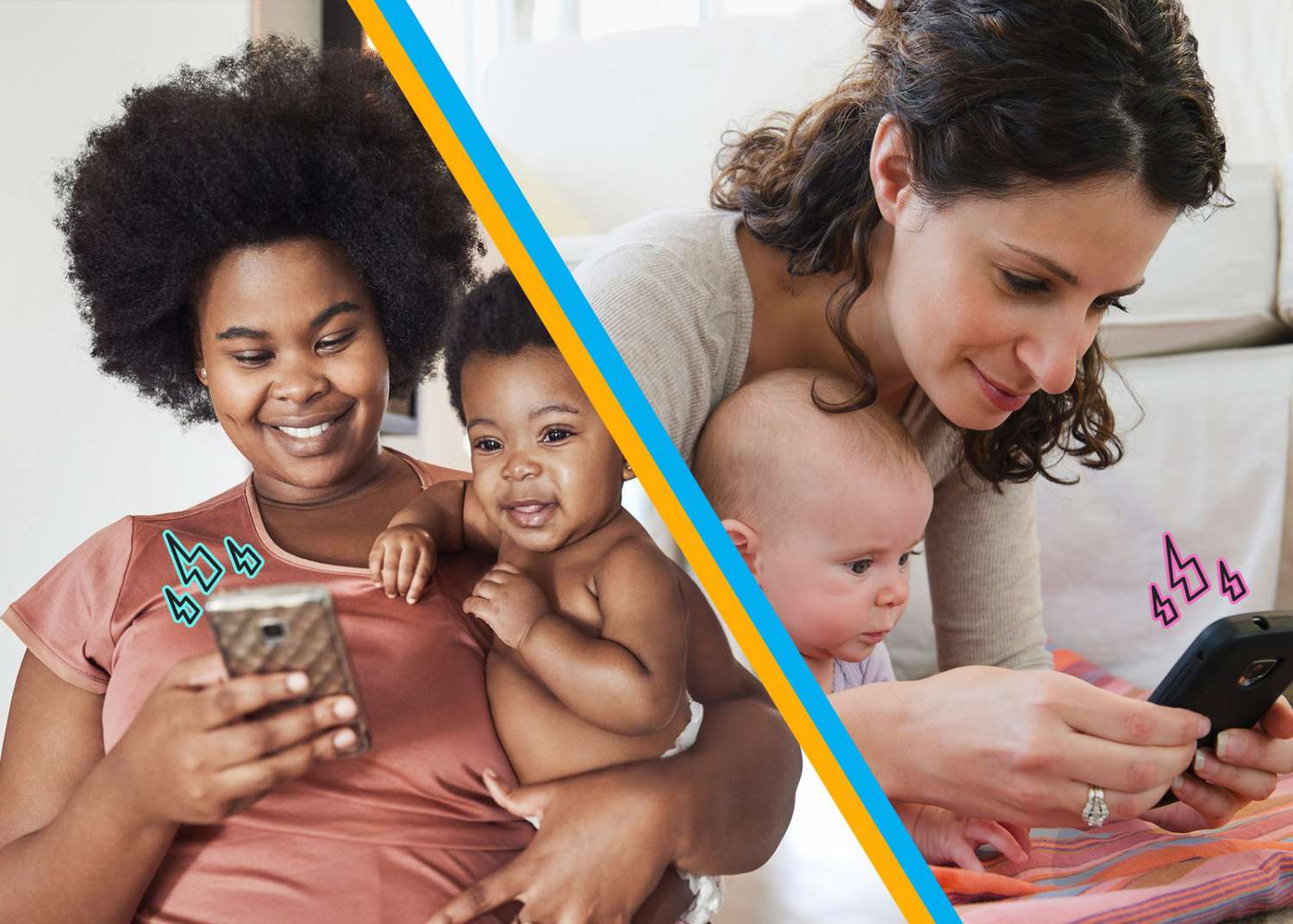 An image of two women with their babies texting.