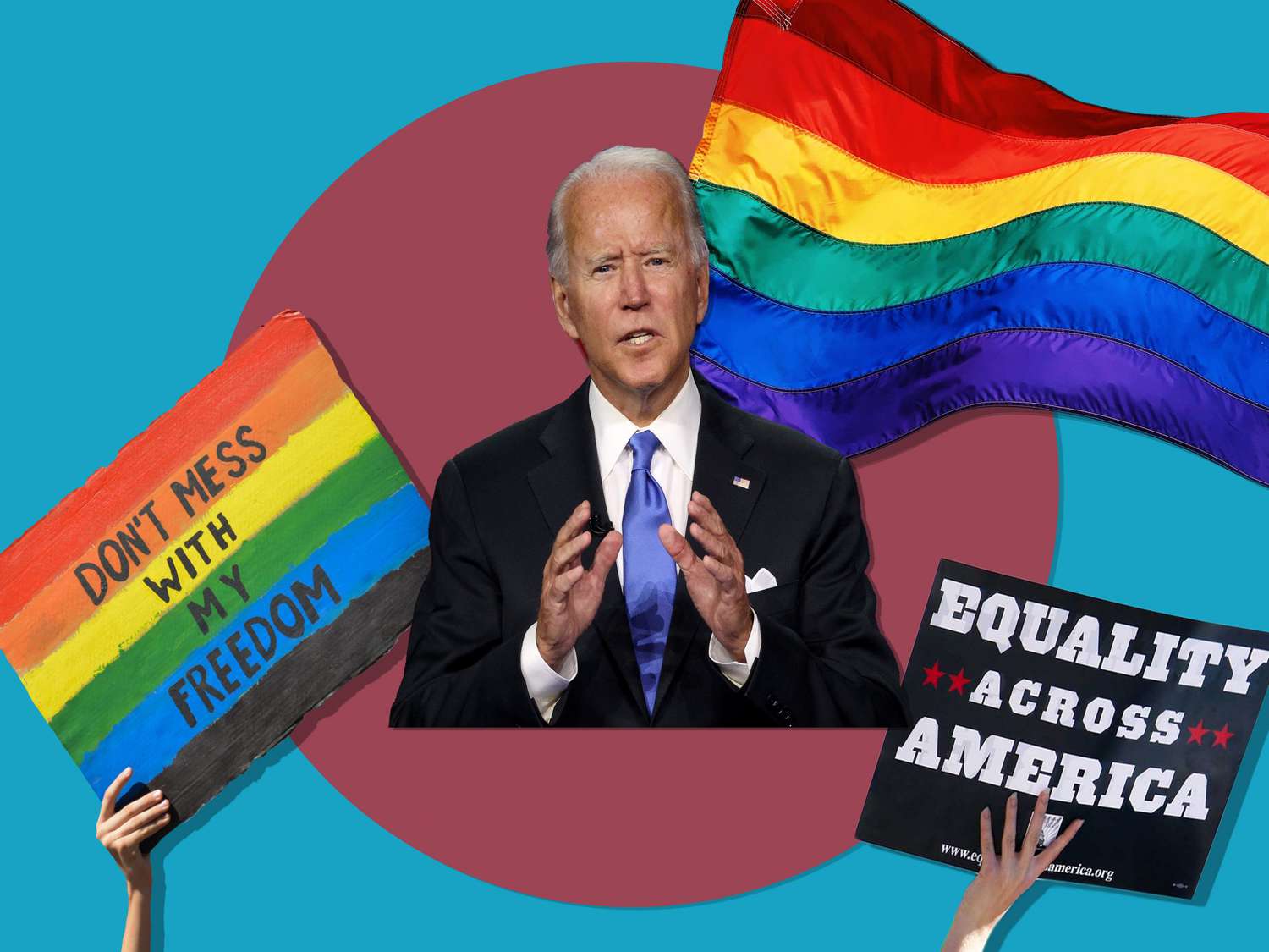 An image composition of Joe Biden and LGBTQIA equality signs.