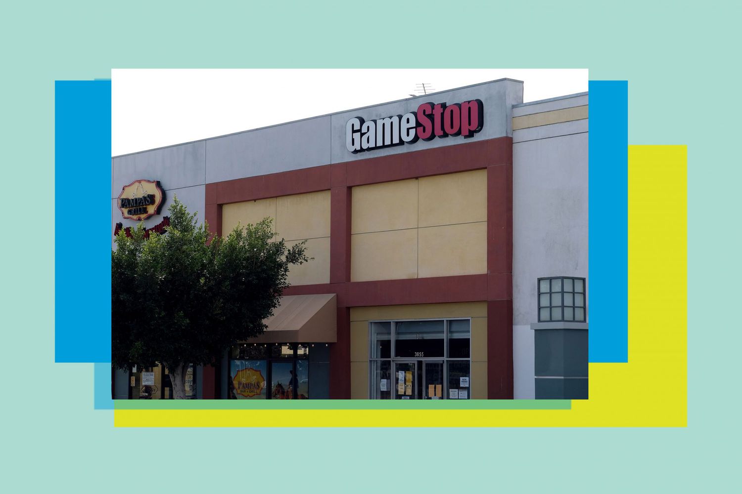 An image of GameStop on a colorful background.