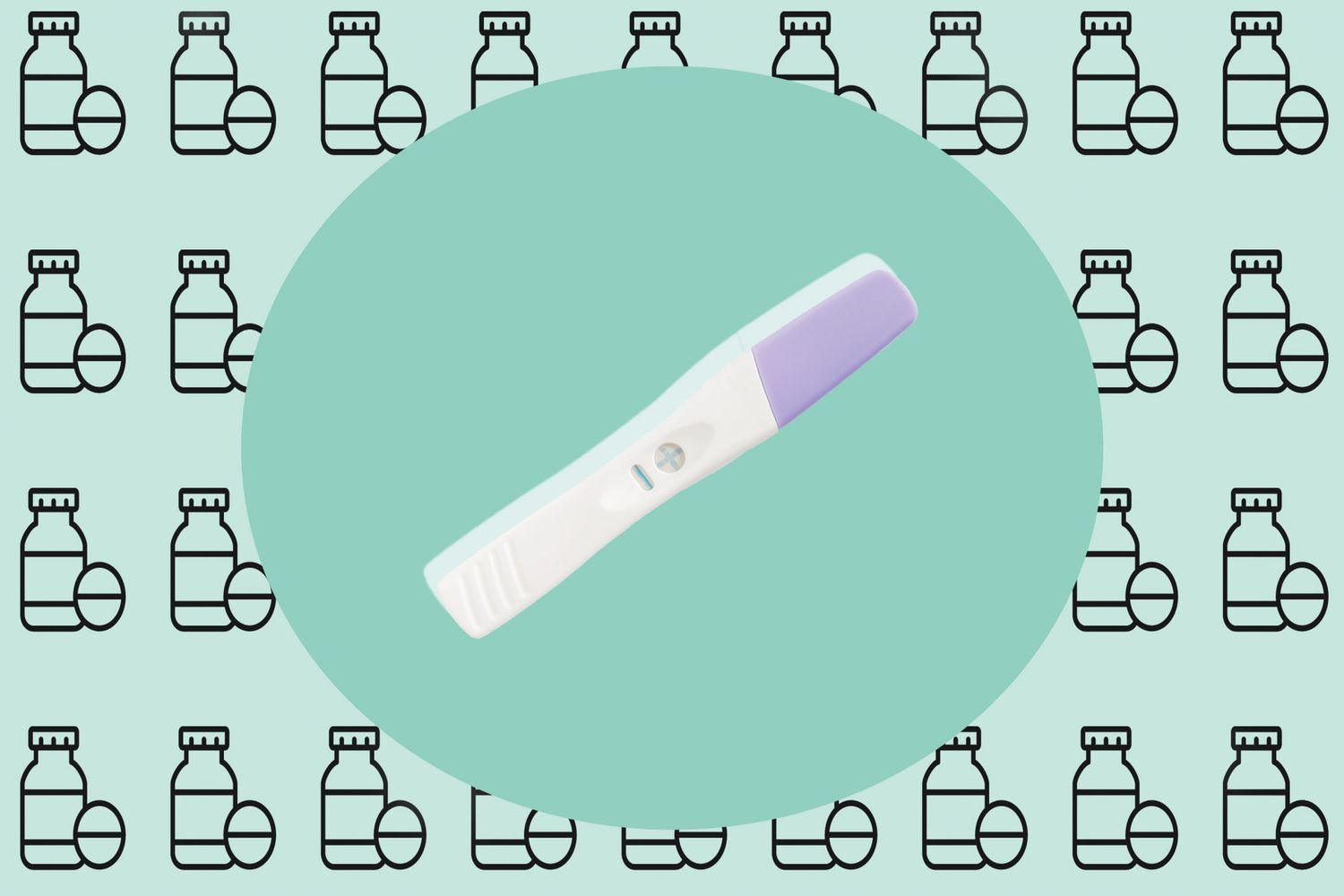 An image of a pregnancy test on a patterned background.