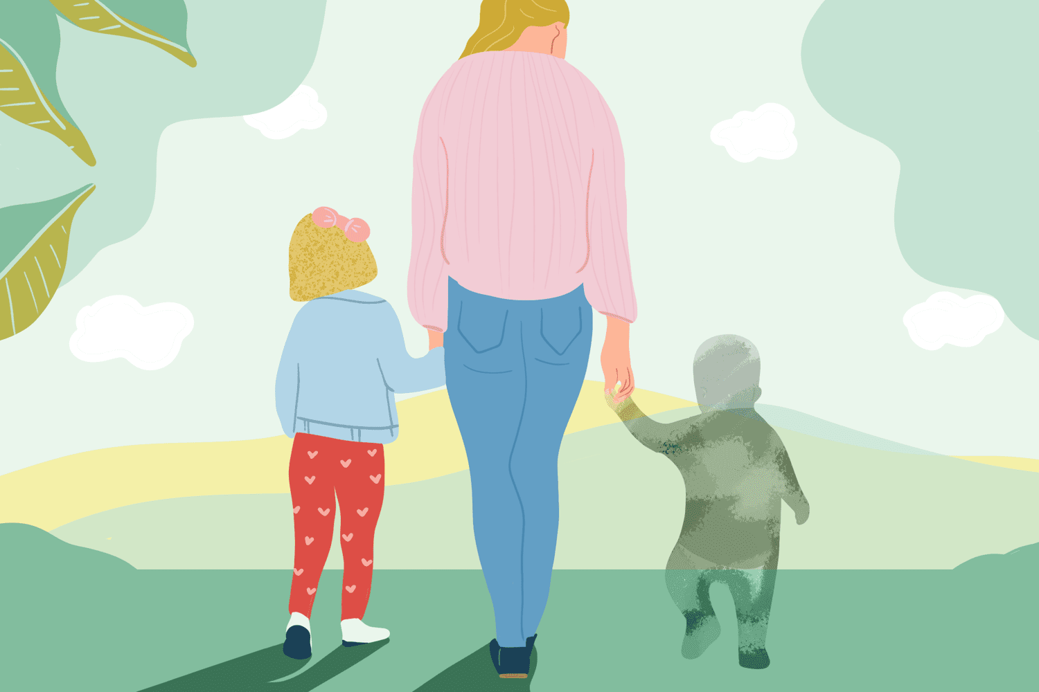 An illustration of a mom and her children walking.