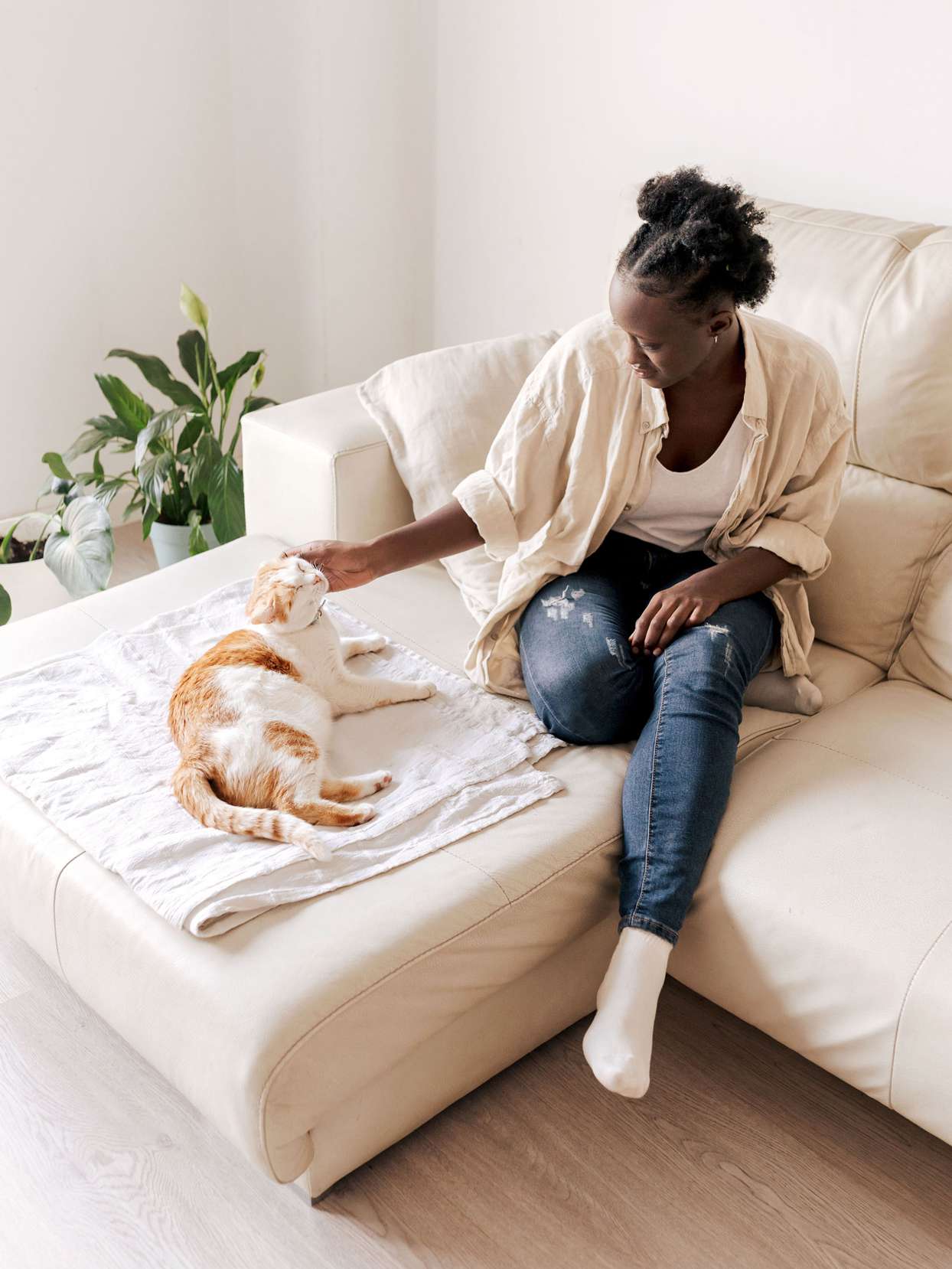 woman petting orange and white cat on couch