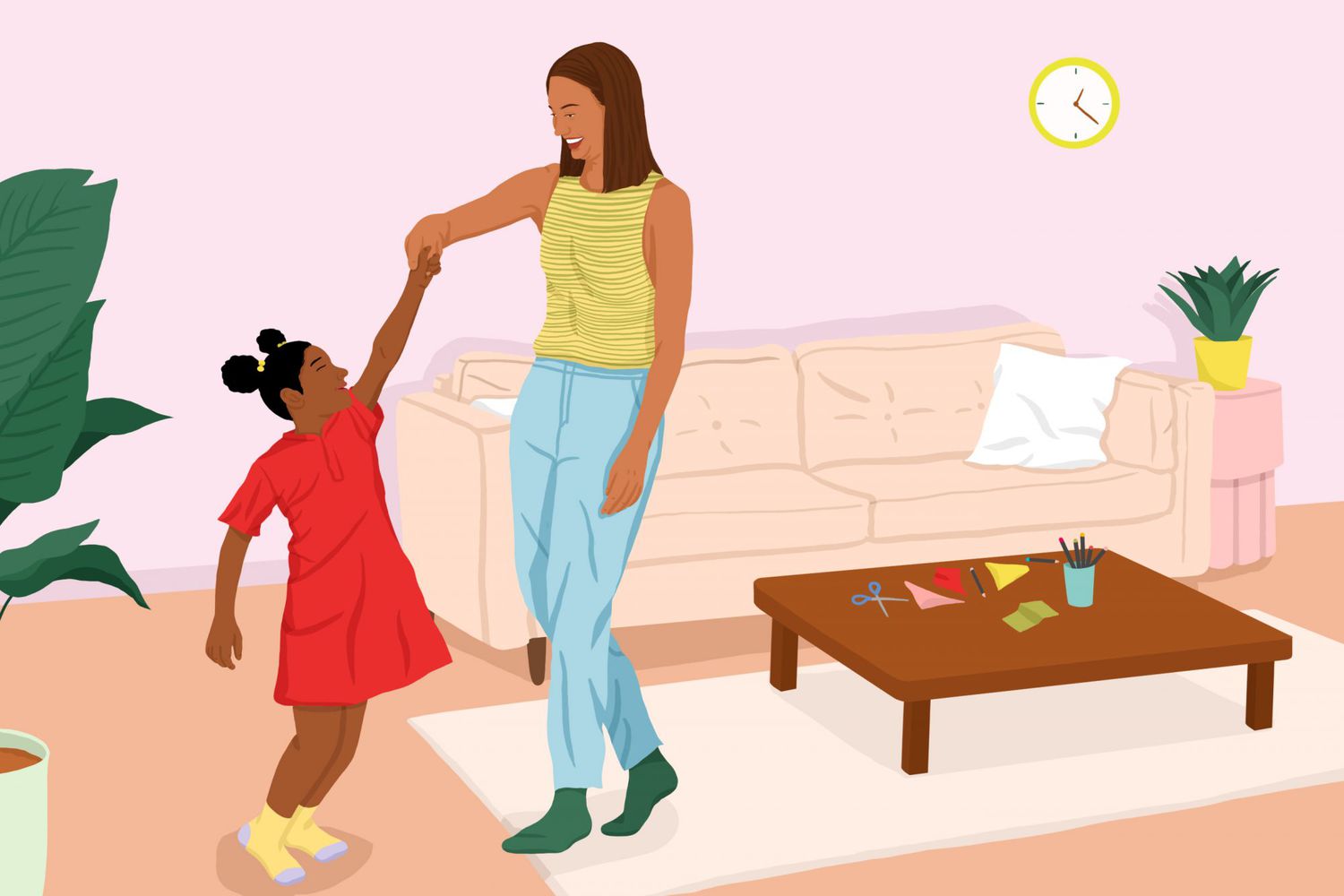 An illustration of a mom dancing with her daughter in a living room.