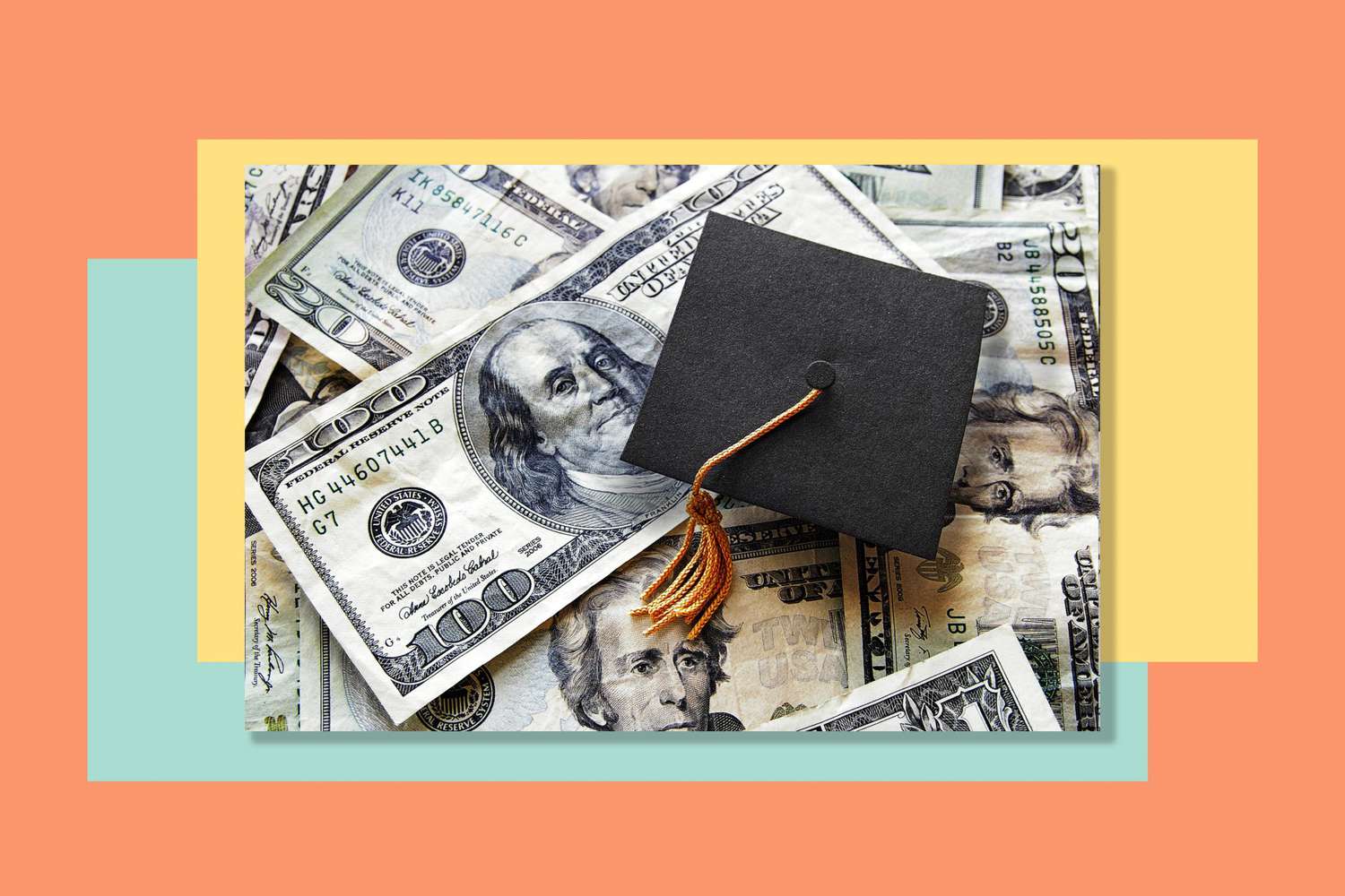 An image of a graduation cap on top of money.