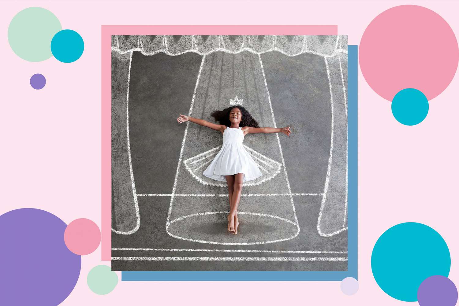young girl in white dress imagines dancing as a ballerina on a chalkboard stage